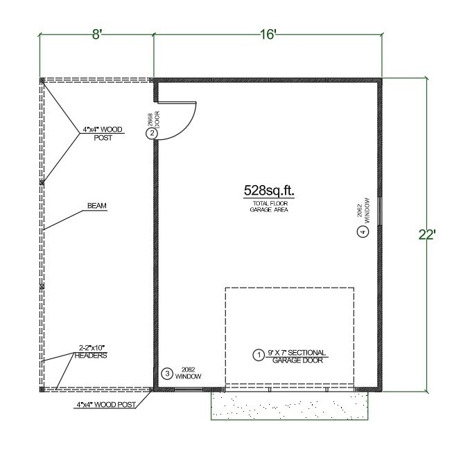 24’x22′ Garage Plans with Porch – 1 Car Detached Garage Blueprints