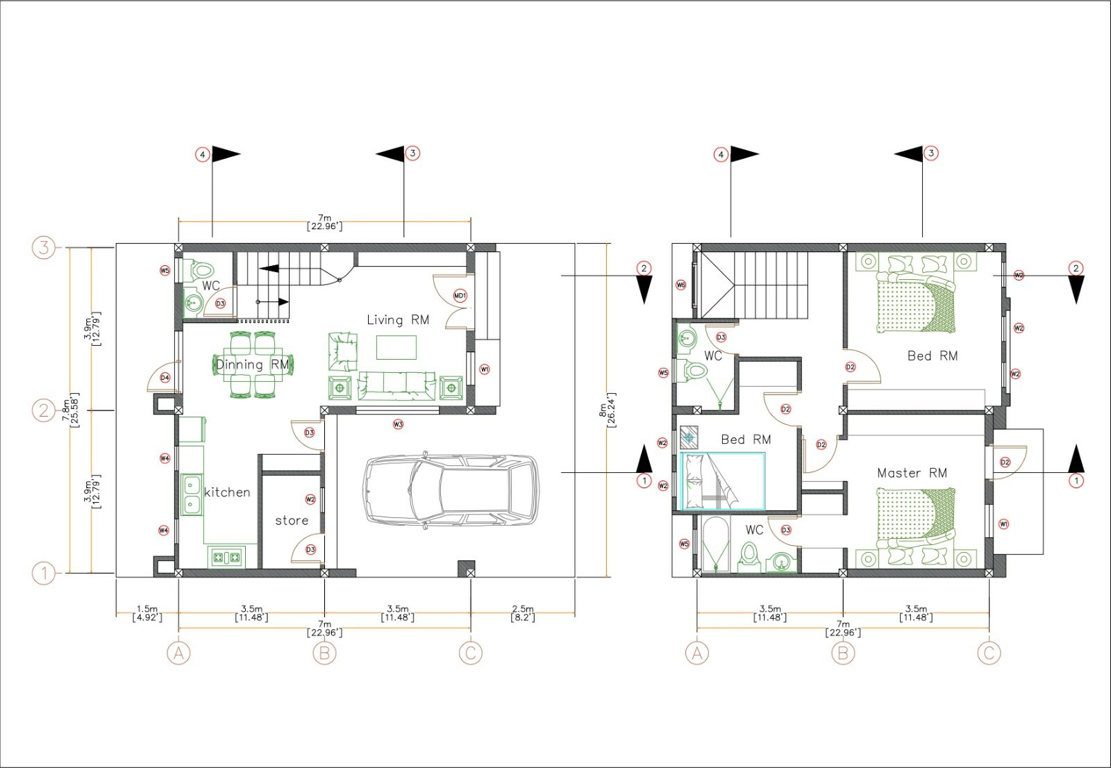 26×36 Small House Design 3 Beds 3 baths 8×11 Meter Terrace Roof (A4 Hard Copy)