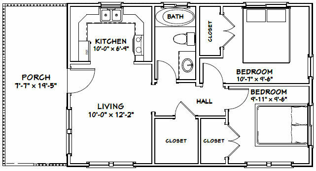 30×20 House — 2 Bedroom 1 Bath — 600 sq ft — PDF Floor Plan — Model 2C