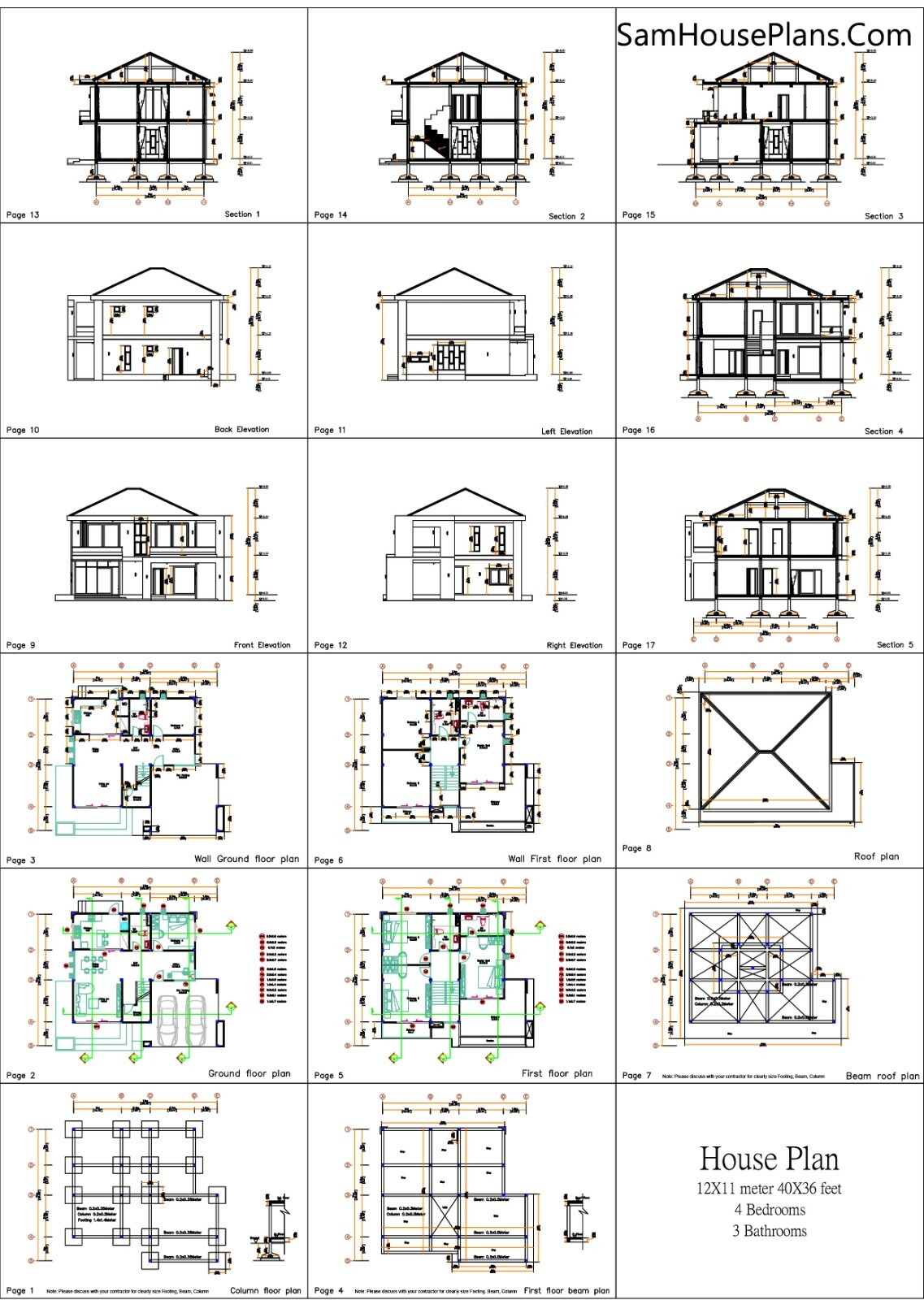 40×36 Feet House design Plans 12×11 Meter 4 Beds 3 Baths Hip Roof (A4 Hard Copy)