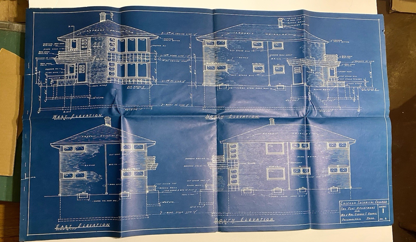 Lot Of 2 1950s-1960s Blueprints Mid century Modern Home + Two Flat Apt Building