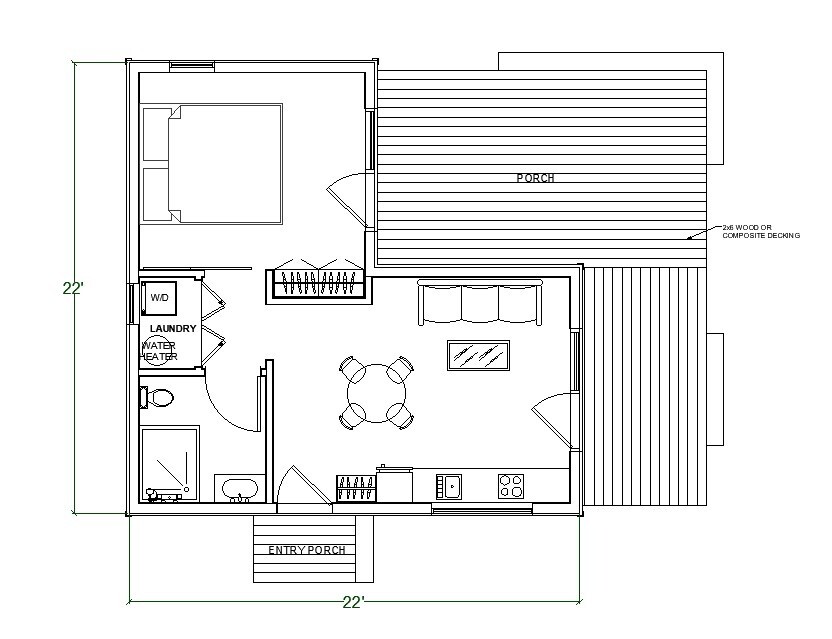 Cabin/Tiny Home Plan, 628 SF. Cottage Style House Blueprints