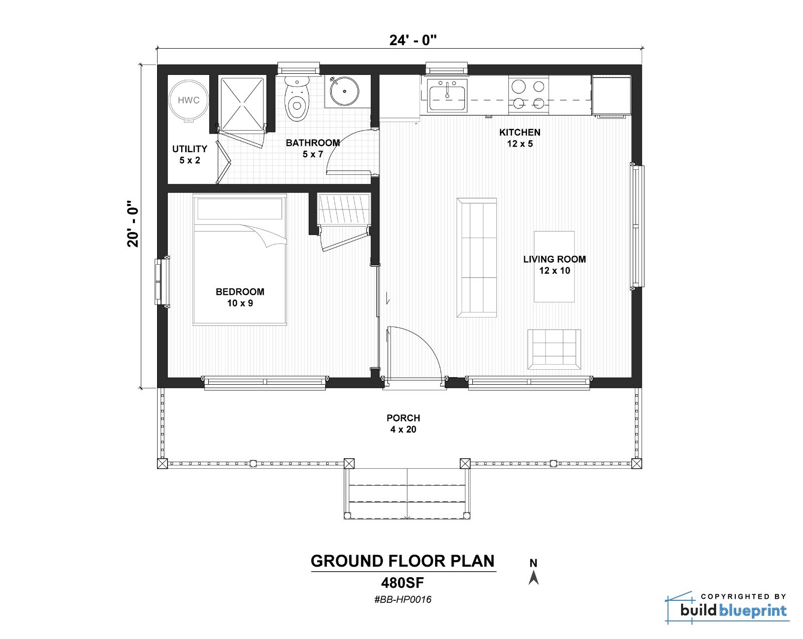 Small 480SF Getaway Wooden Cabin Architectural House Plans – PDF Download