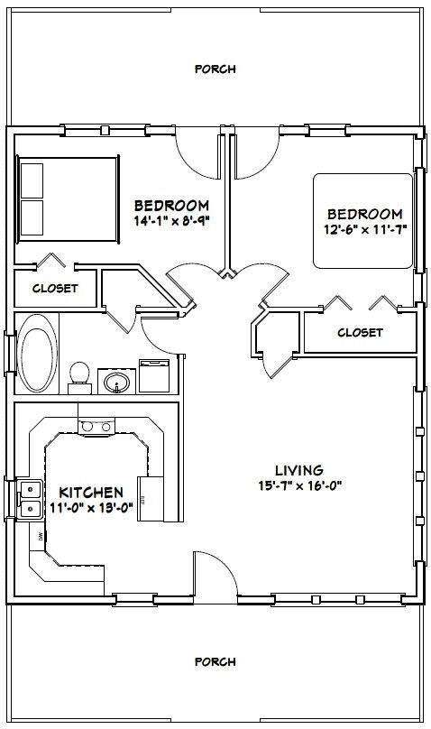 28×32 House — 2 Bedroom 1 Bath — 895 sq ft — PDF Floor Plan — Model 1F