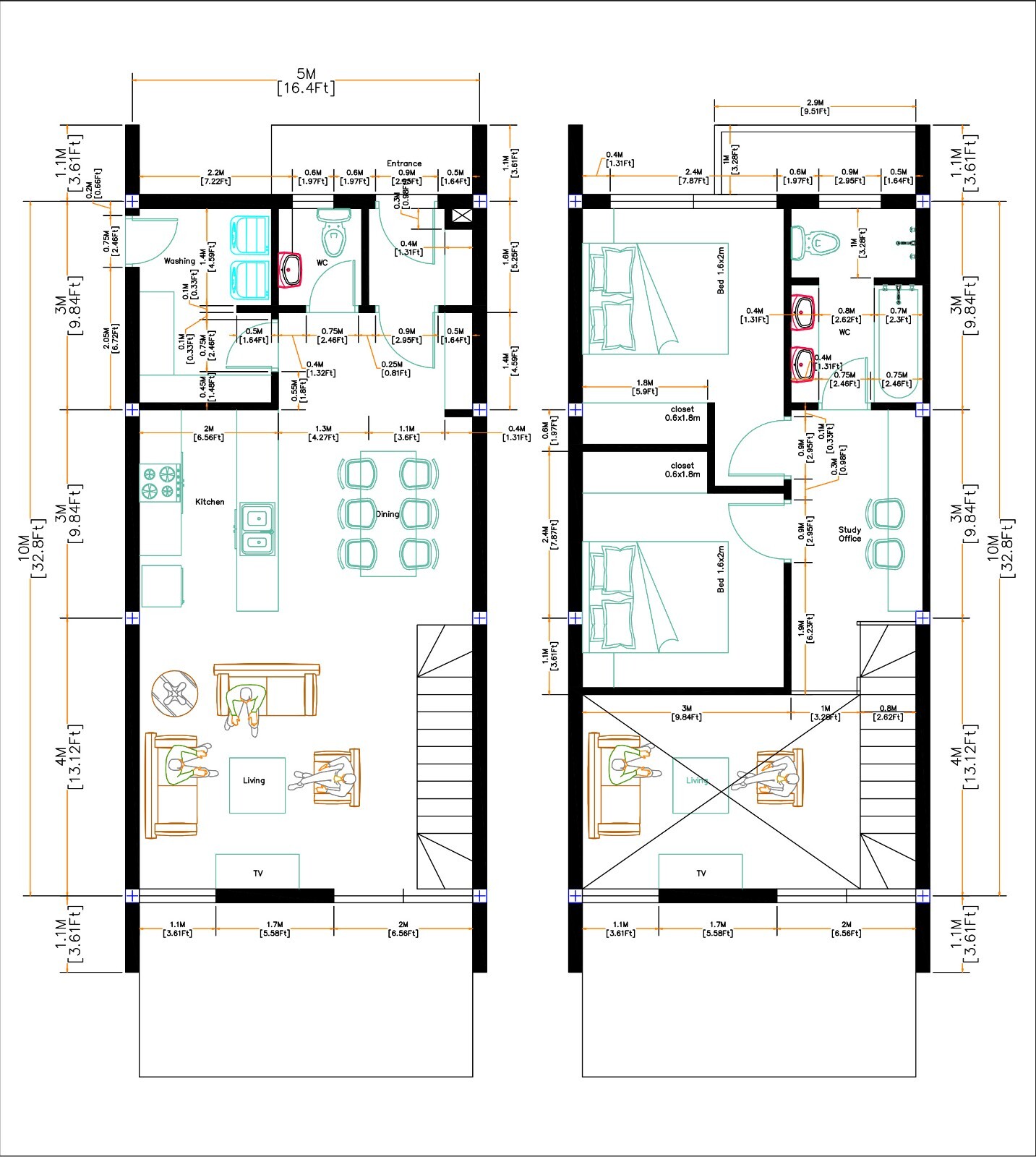 16×33 Feet House Plan 5×10 Meter 2 Beds 2 Baths Shed Roof (A4 Hard Copy)