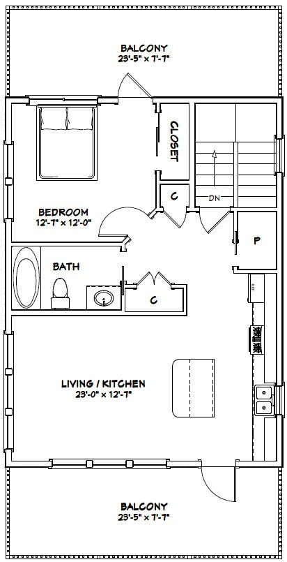 24×32 House — 1 Bedroom 1.5 Bath — 830 sq ft — PDF Floor Plan — Model 8