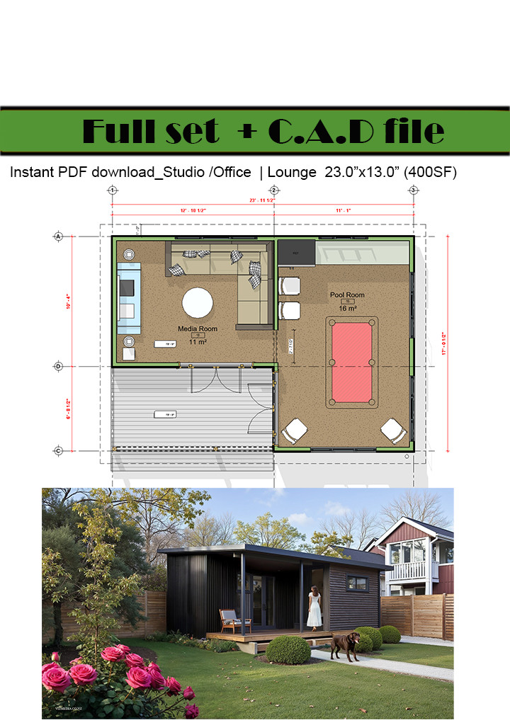 Tiny House ADU working s 2 Room Layout, (400SF) Covered Deck, PDF+ CAD File