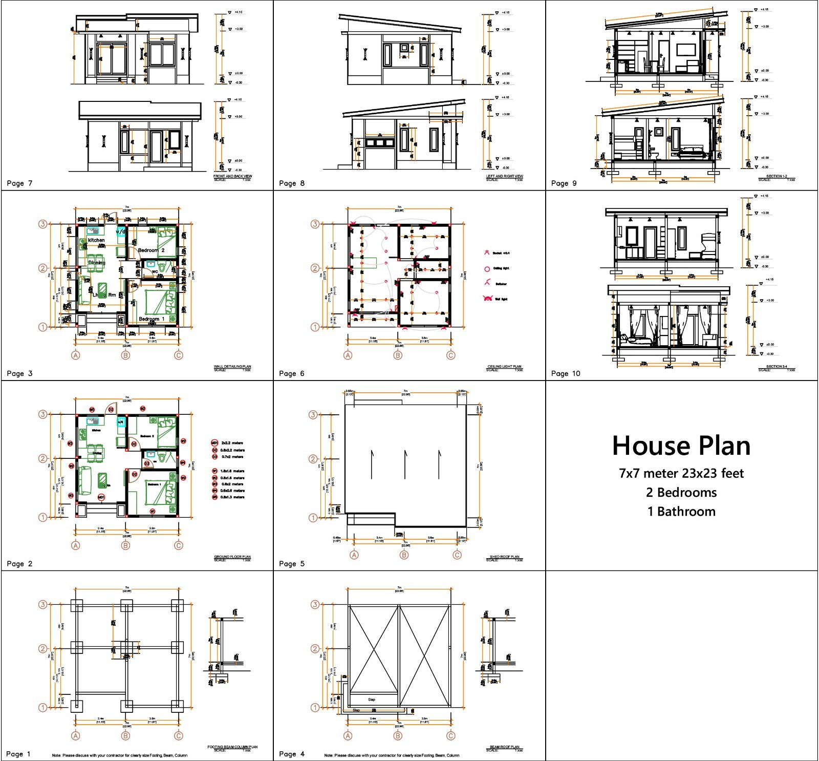 Small House Design 7×7 Meter 24×24 Feet 2 Beds Shed Roof (A4 Hard Copy)