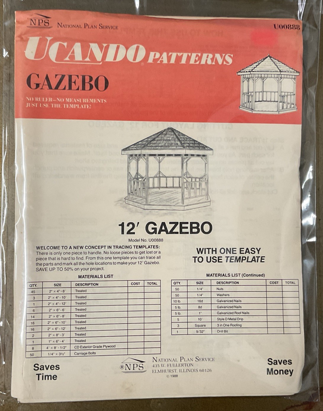 UCANDO U00888 12’ Gazebo Plans Rebagged With Material List NOS W/Templete
