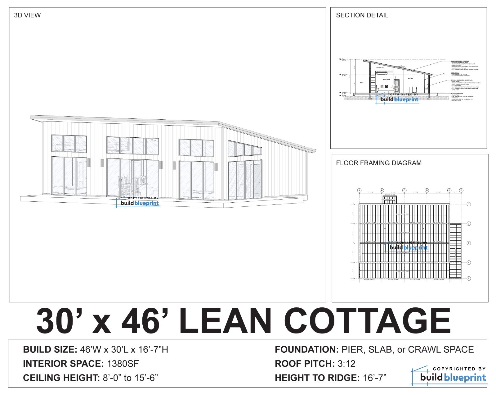 30×46 Lean Modern Cottage Custom Architectural Plans 1380SF – PDF Download