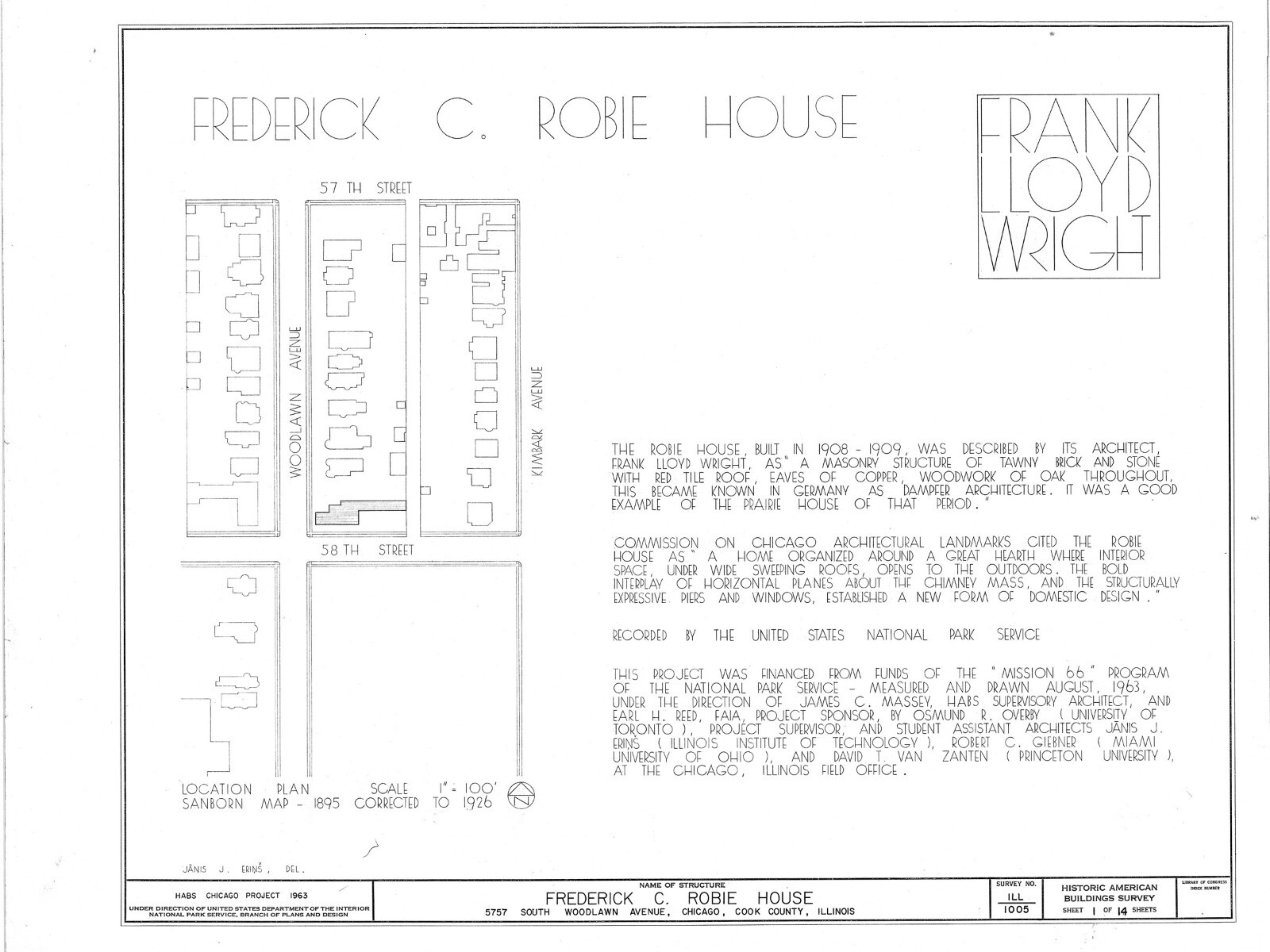 Frank Lloyd Wright Prairie Style Home – Robie House, 25 sheet set, PRINTED