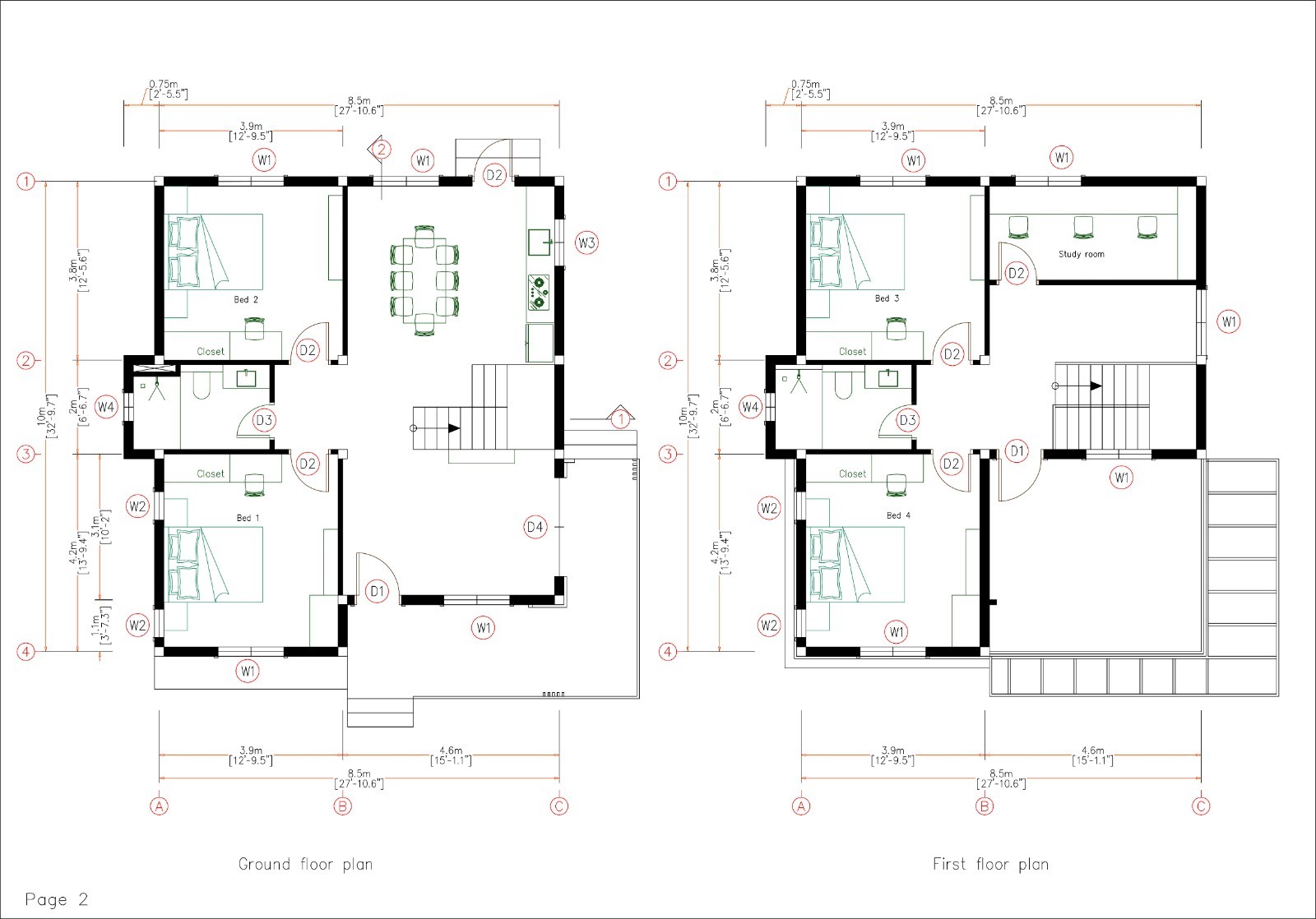 28×33 feet House Plan 8.5×10 meter 4 Beds 2 Baths PDF, CAD Files &A4 Hard Copy