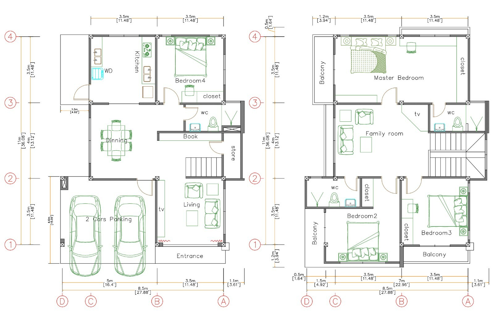 28×36 Feet House Design Plans 8.5×11 Meter 4 Beds 3 Bath PDF Plan (A4 Hard Copy)