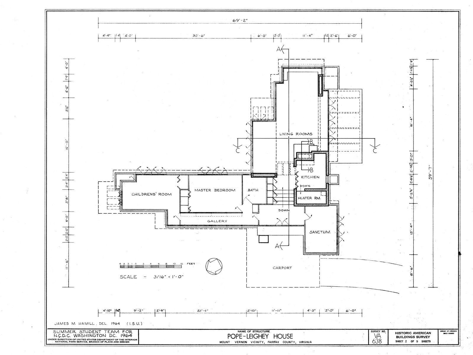 Pope House, a Frank Lloyd Wright Usonian Home, 2 bedrooms, architectural plans